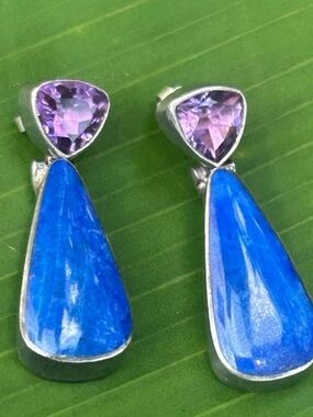 Vintage Sterling Silver Acleoni Lapis Lazuli amethyst gemstone drop earrings